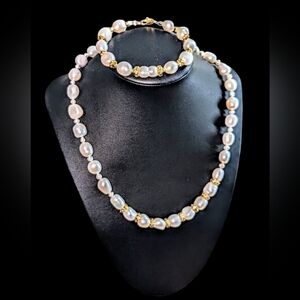 Lux Set Pearl Necklace, Bracelet with Gold Accents & Swarovski Crystals spacers.